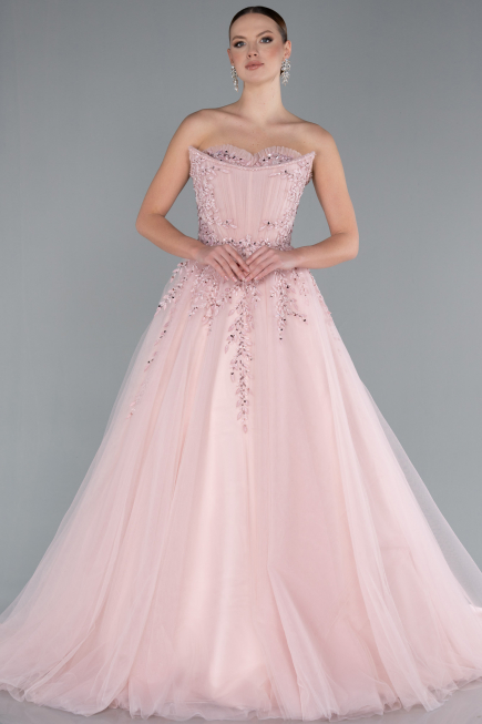 Powder Color Strapless Dantelle Plus Size Haute Couture Dress ABU4453