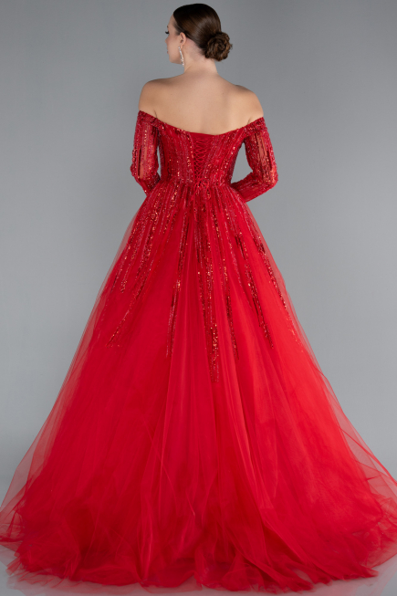 Red Sequined Long Sleeve Boat Neck Long Princess Dress ABU4719