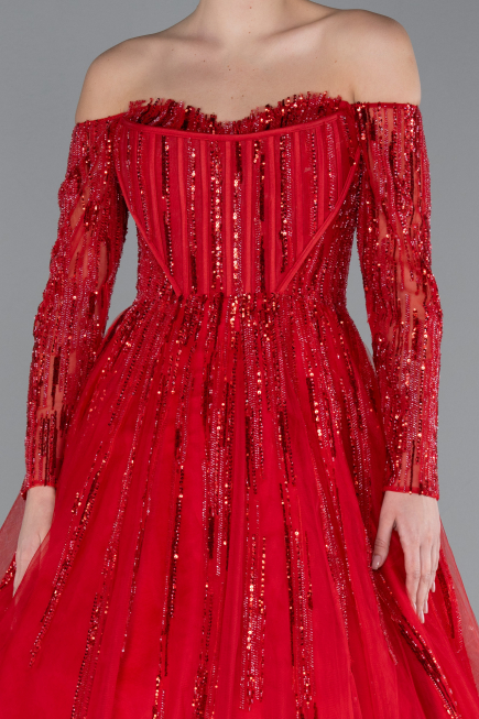 Red Sequined Long Sleeve Boat Neck Long Princess Dress ABU4719