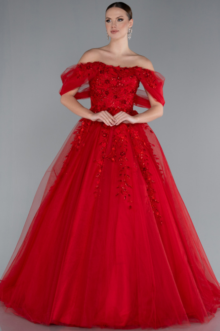 Red Boat Neck Embroidered Long Special Design Princess Dress ABU4720