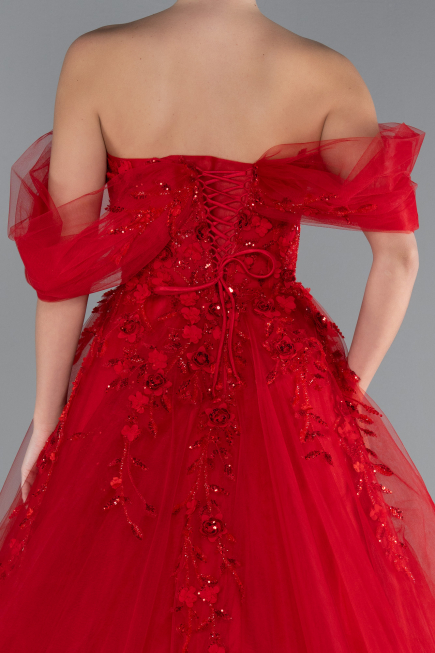 Red Boat Neck Embroidered Long Special Design Princess Dress ABU4720