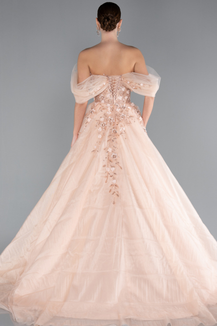 Salmon Boat Neck Embroidered Long Special Design Princess Dress ABU4720