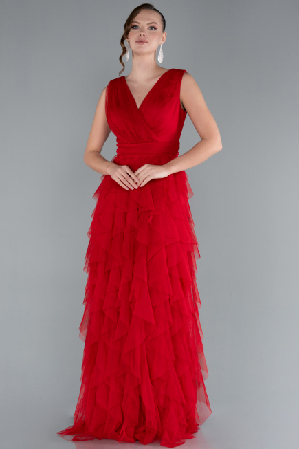Red V Neck Layered Tulle Long Prom Dress ABU4723