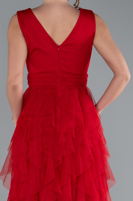 Red V Neck Layered Tulle Long Prom Dress ABU4723
