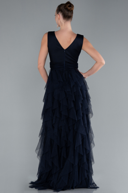 Navy Blue V Neck Layered Tulle Long Prom Dress ABU4723