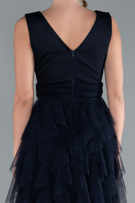 Navy Blue V Neck Layered Tulle Long Prom Dress ABU4723