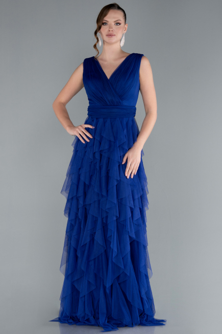 Sax Blue V Neck Layered Tulle Long Prom Dress ABU4723