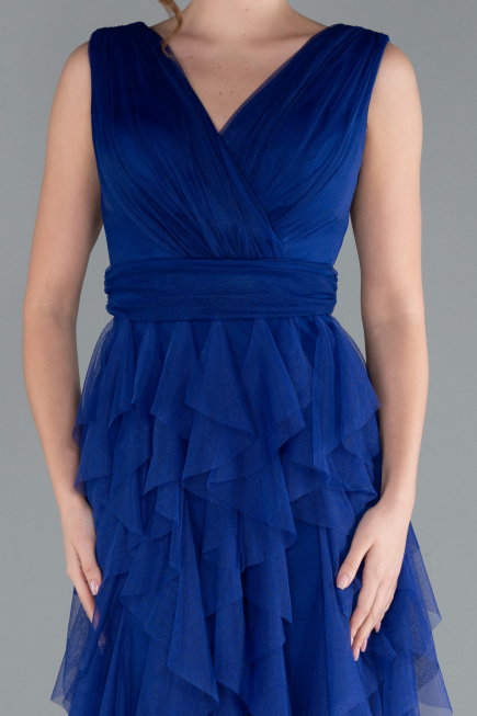 Sax Blue V Neck Layered Tulle Long Prom Dress ABU4723