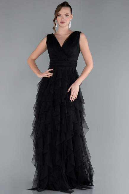 Black V Neck Layered Tulle Long Prom Dress ABU4723