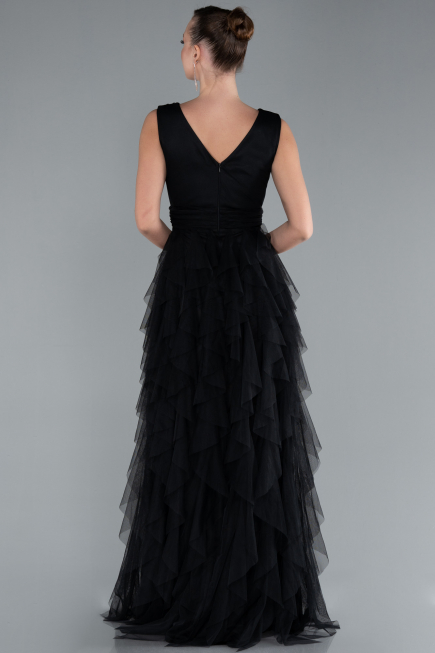Black V Neck Layered Tulle Long Prom Dress ABU4723