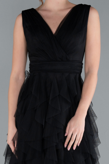 Black V Neck Layered Tulle Long Prom Dress ABU4723