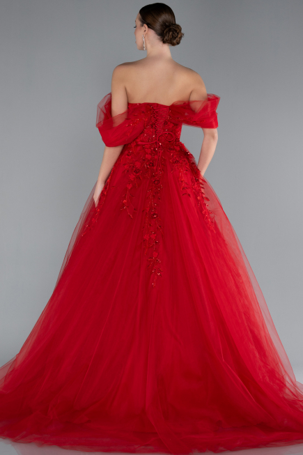 Red Boat Neck Embroidered Long Special Design Princess Dress ABU4720