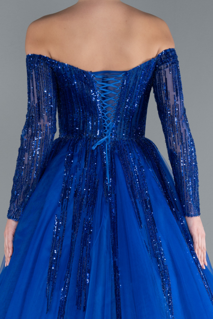 Sax Blue Sequined Long Sleeve Boat Neck Long Princess Dress ABU4719