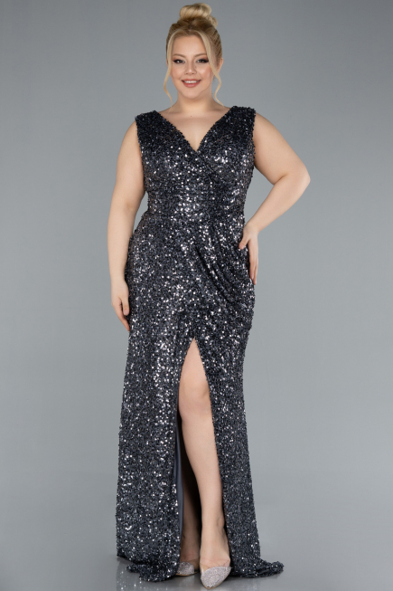 Anthracite Sleeveless Slit Long Sequin Plus Size Evening Gown ABU4673