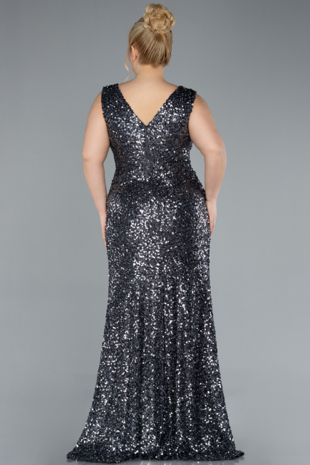 Anthracite Sleeveless Slit Long Sequin Plus Size Evening Gown ABU4673