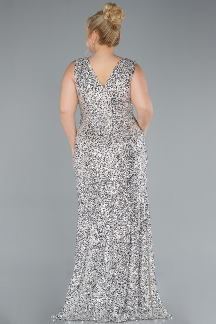 Beige Sleeveless Slit Long Sequin Plus Size Evening Gown ABU4673