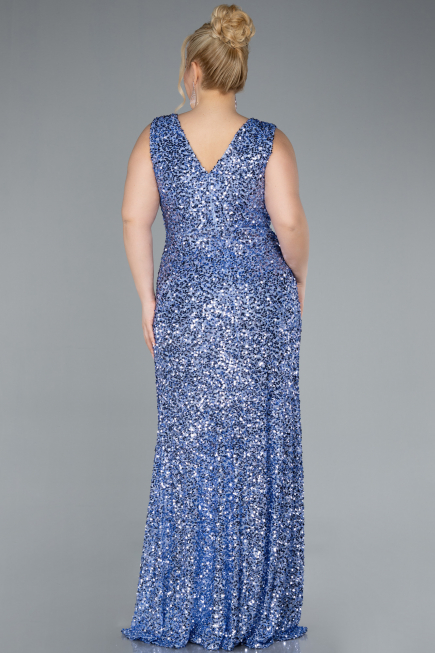 Indigo Sleeveless Slit Long Sequin Plus Size Evening Gown ABU4673
