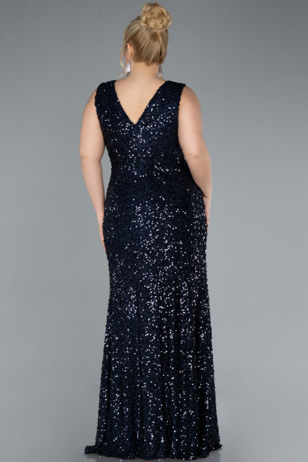 Navy Blue Sleeveless Slit Long Sequin Plus Size Evening Gown ABU4673
