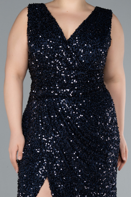 Navy Blue Sleeveless Slit Long Sequin Plus Size Evening Gown ABU4673
