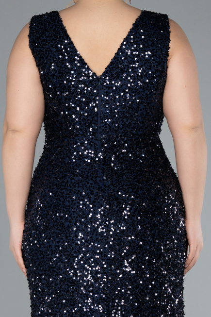 Navy Blue Sleeveless Slit Long Sequin Plus Size Evening Gown ABU4673