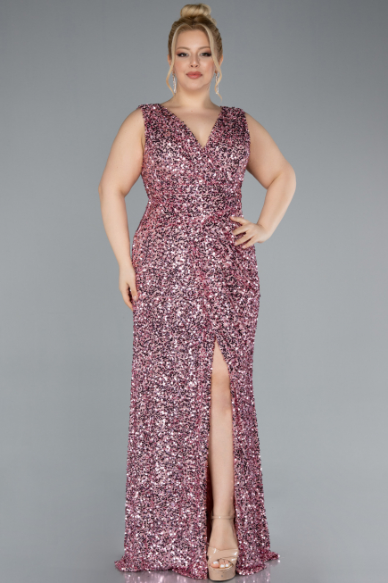 Powder Color Sleeveless Slit Long Sequin Plus Size Evening Gown ABU4673
