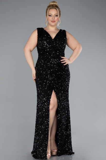 Black Sleeveless Slit Long Sequin Plus Size Evening Gown ABU4673