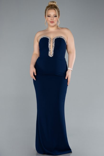 Navy Blue Stoned Strapless Neck Long Plus Size Evening Gown ABU4688