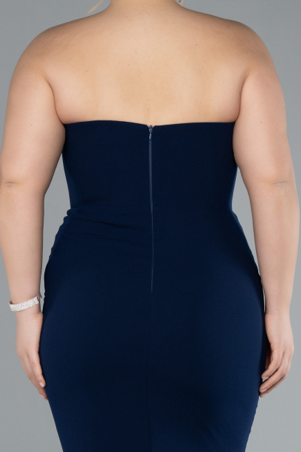 Navy Blue Stoned Strapless Neck Long Plus Size Evening Gown ABU4688