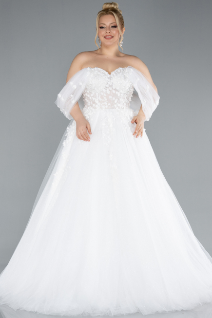 White Floral Boat Neck Glitter Long Plus Size Wedding Dress ABG099