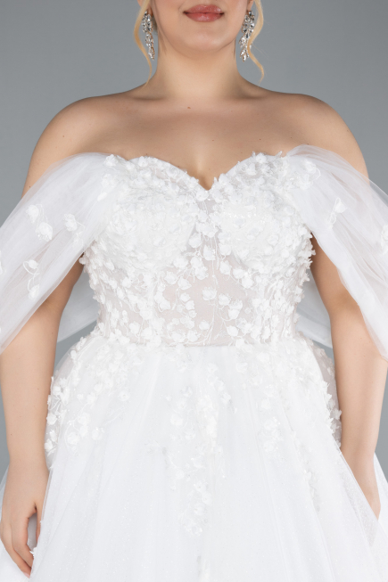 White Floral Boat Neck Glitter Long Plus Size Wedding Dress ABG099