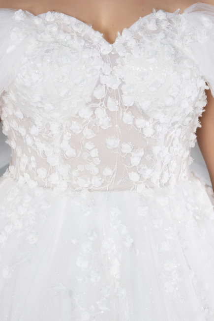 White Floral Boat Neck Glitter Long Plus Size Wedding Dress ABG099