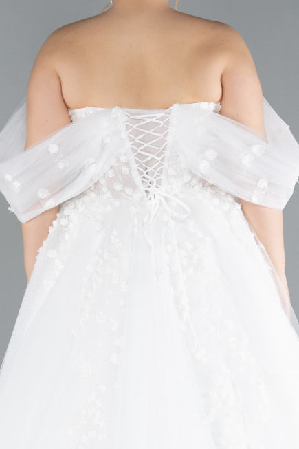 White Floral Boat Neck Glitter Long Plus Size Wedding Dress ABG099