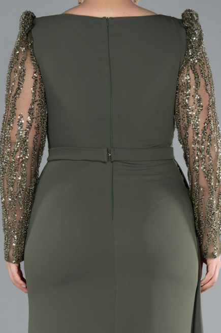 Olive Drab Stoned Long Sleeve Slit Chiffon Formal Plus Size Dress ABU4733