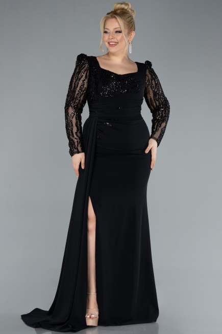 Black Stoned Long Sleeve Slit Chiffon Formal Plus Size Dress ABU4733