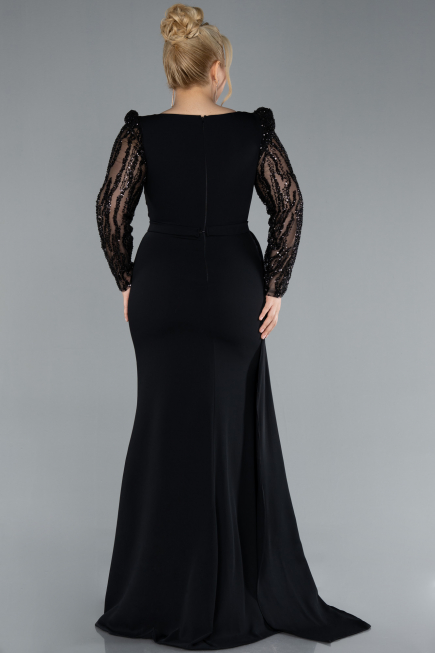 Black Stoned Long Sleeve Slit Chiffon Formal Plus Size Dress ABU4733