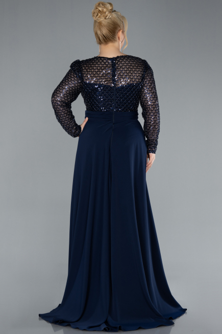Navy Blue Sequined Long Sleeve Tail Plus Size Evening Gown ABU4711