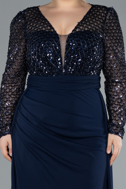 Navy Blue Sequined Long Sleeve Tail Plus Size Evening Gown ABU4711