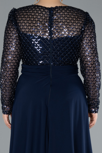 Navy Blue Sequined Long Sleeve Tail Plus Size Evening Gown ABU4711