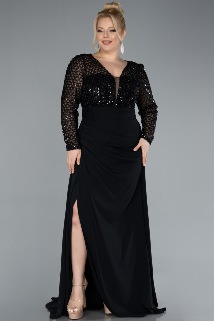 Black Sequined Long Sleeve Tail Plus Size Evening Gown ABU4711
