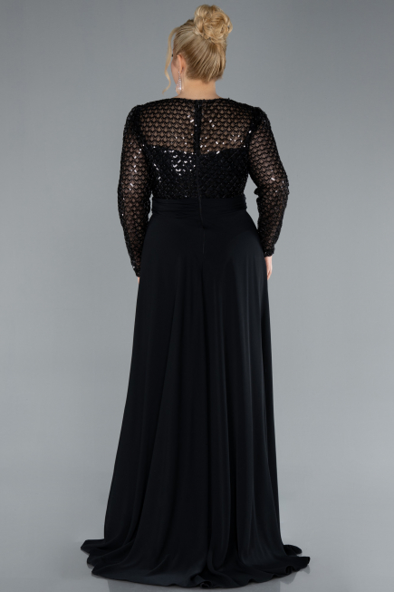 Black Sequined Long Sleeve Tail Plus Size Evening Gown ABU4711