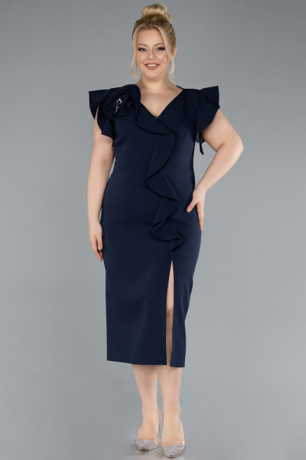 Navy Blue Slit Midi Plus Size Invitation Dress ABK2278