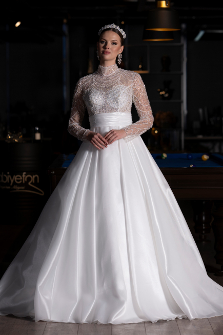 Long White Satin Wedding Dress ABU4249