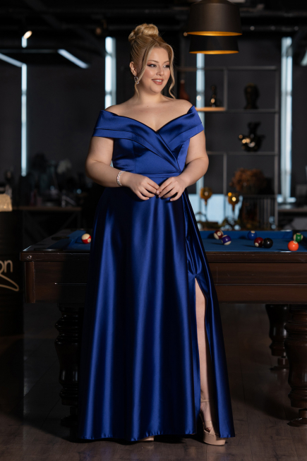 Long Navy Blue Satin Plus Size Evening Dress ABU2355