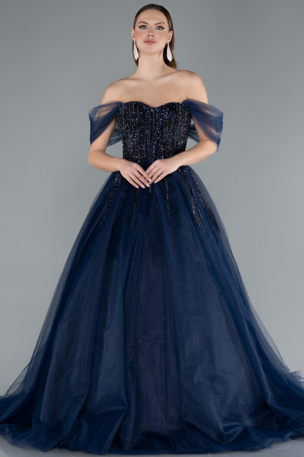 Navy Blue Off The Shoulder Stoned Ball Gown Prom Dress ABU4762