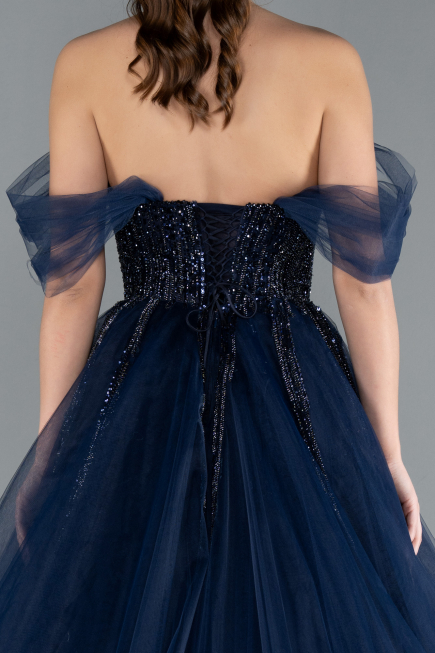 Navy Blue Off The Shoulder Stoned Ball Gown Prom Dress ABU4762