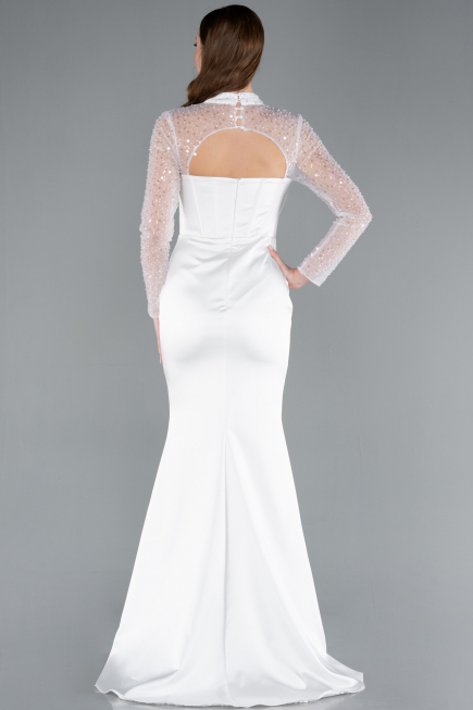 White Long Sleeve Bustier Detailed Sequin Train Satin Evening Gown ABU4765
