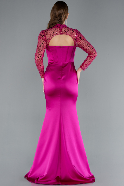 Fuchsia Long Sleeve Bustier Detailed Sequin Train Satin Evening Gown ABU4765