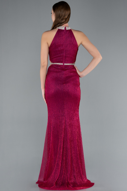 Fuchsia Halter Neck Slit Long Glitter Mermaid Evening Gown ABU4766