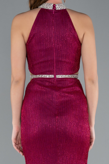 Fuchsia Halter Neck Slit Long Glitter Mermaid Evening Gown ABU4766
