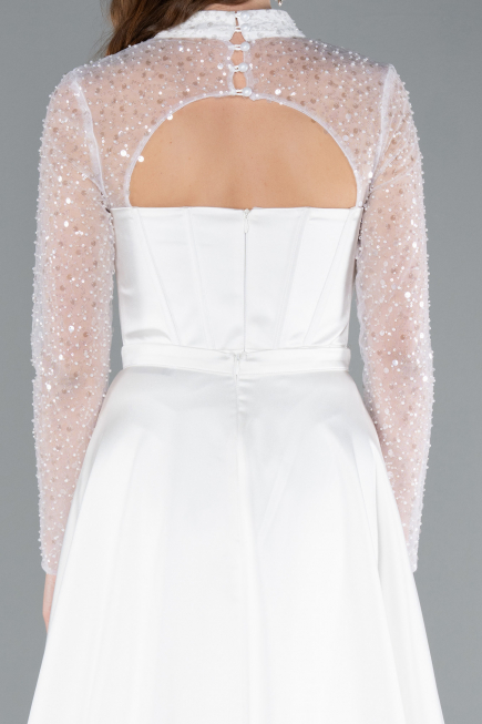 White Long Sleeve Bustier Detailed Sequin Train Satin Evening Gown ABU4765
